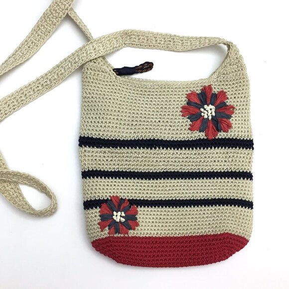 The Sak Ivory Crochet Crossbody Bag Blue Stripes Red Flowers Boho Hippie Purse - Picture 1 of 12